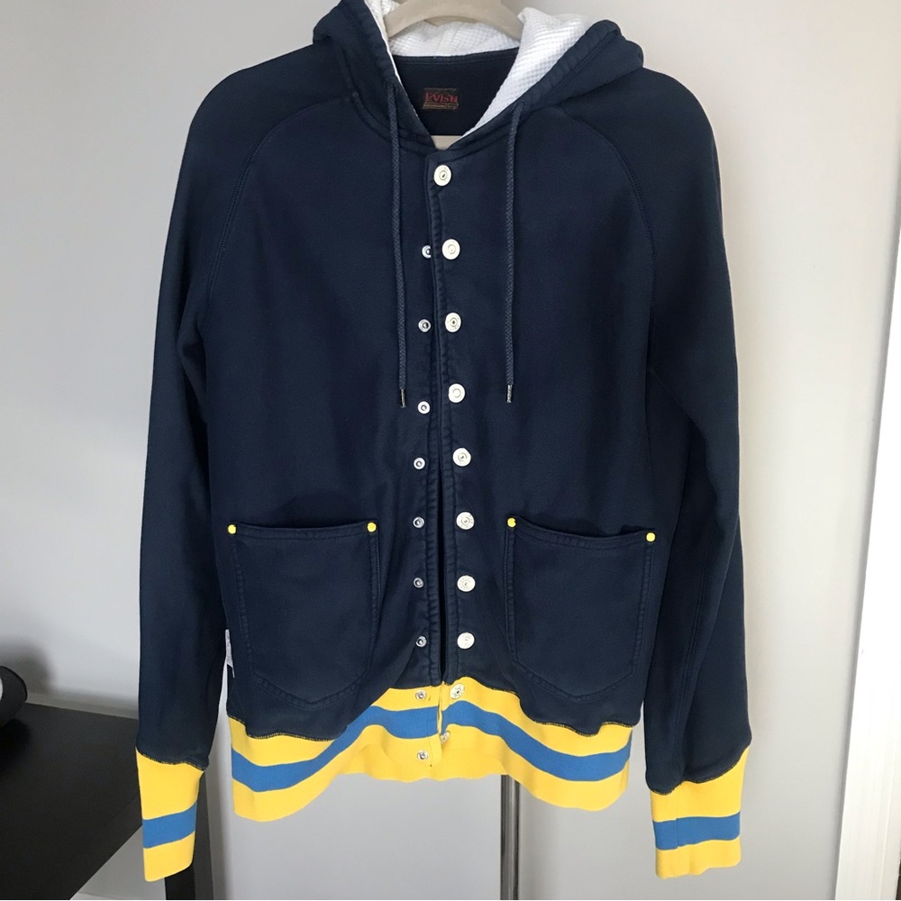Evisu custom made heritage navy french terry hooded jacket.